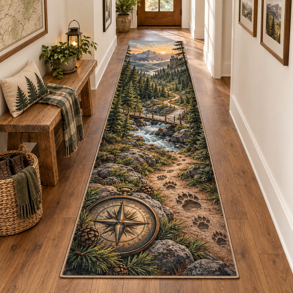 Forest Adventure Map Runner Rug with dimensional printed themed artwork; representative AI-generated mockup.