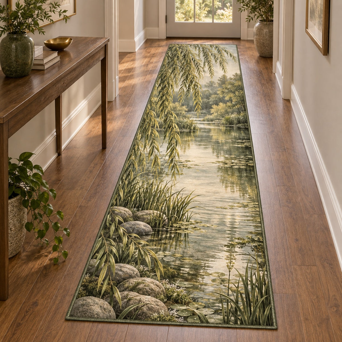 Willow Pond Runner Rug with dimensional printed themed artwork; representative AI-generated mockup.