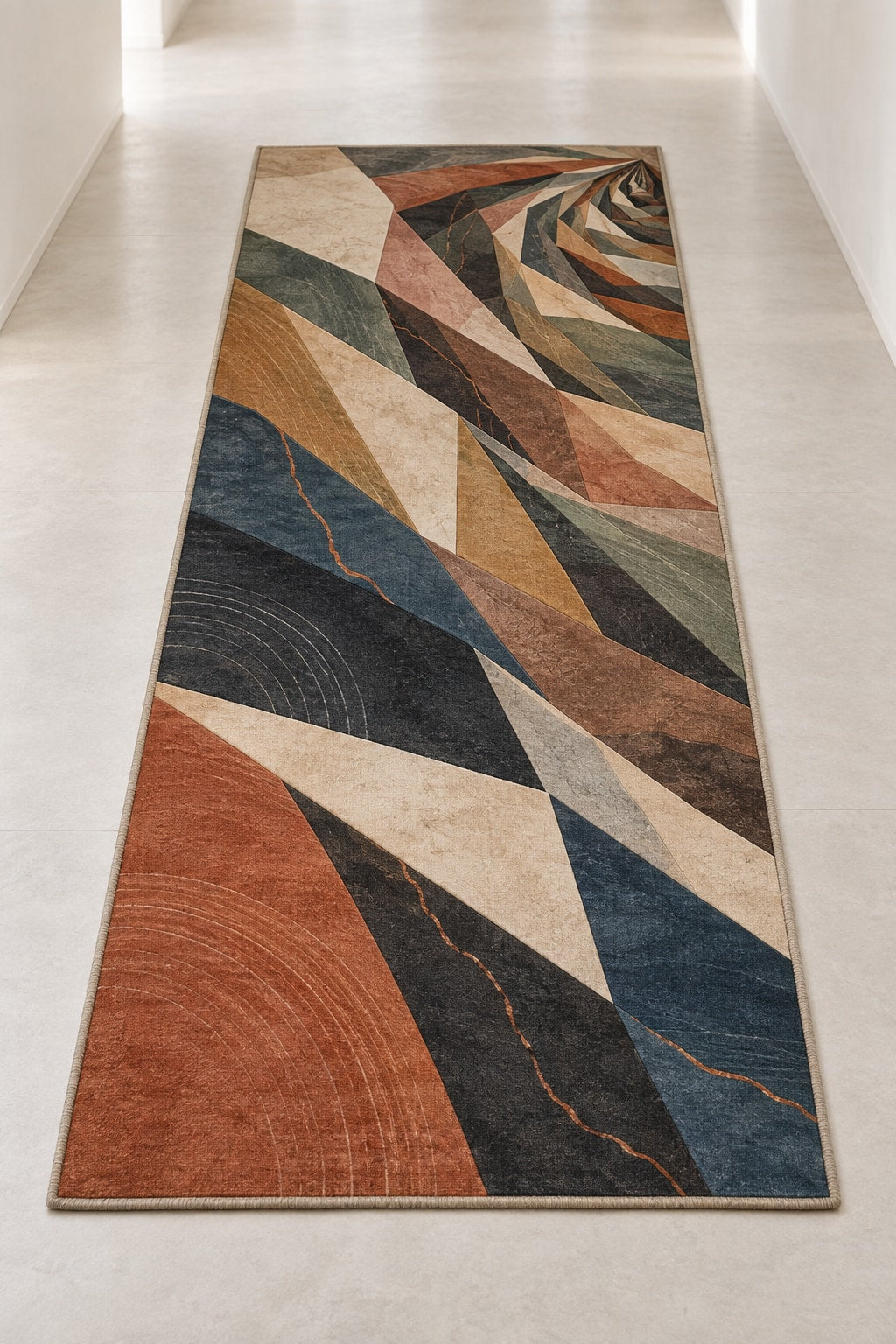 Clayfire Stratafall Runner Rug with dimensional printed themed artwork; representative AI-generated mockup.