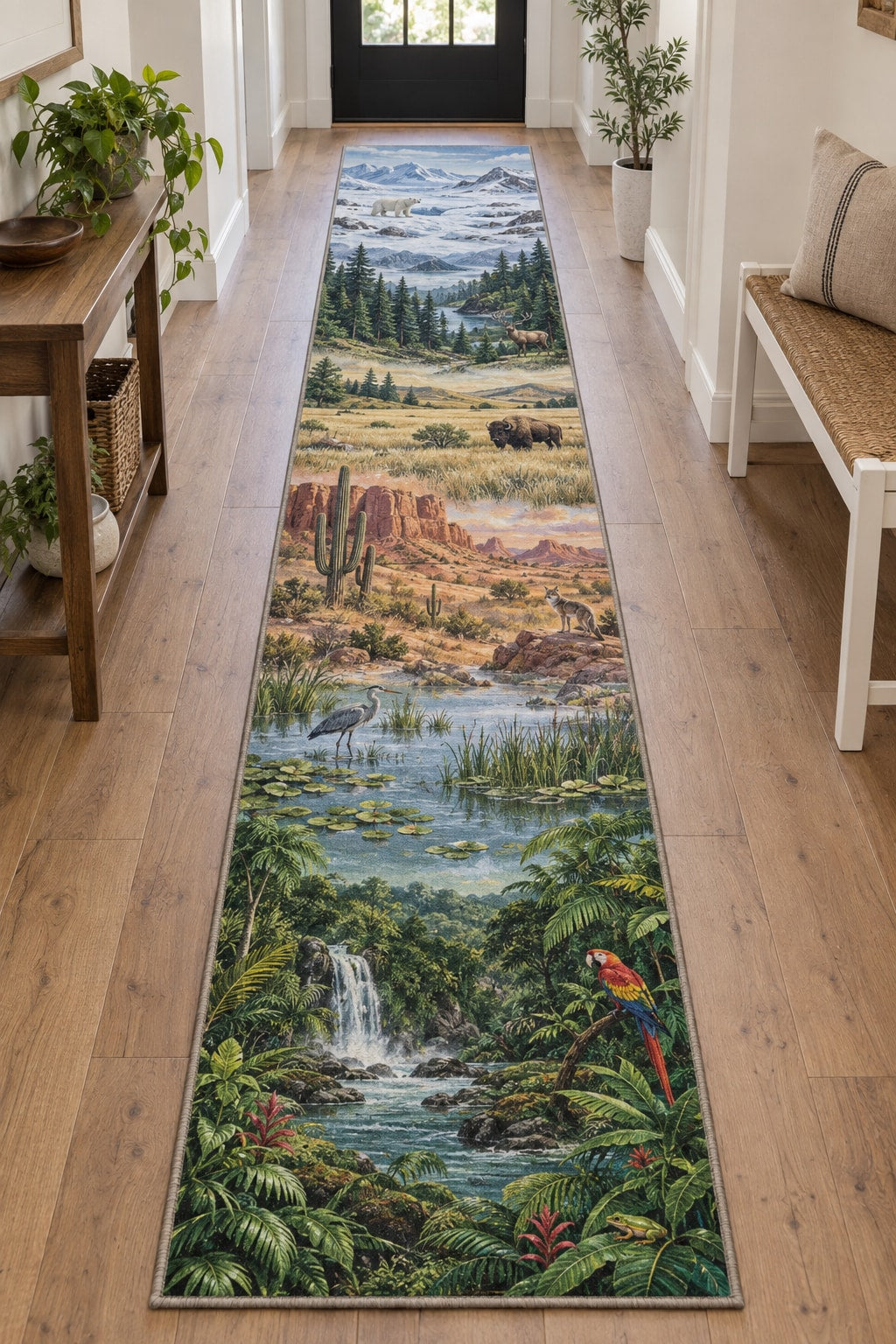 World Biomes Runner Rug with dimensional printed themed artwork; representative AI-generated mockup.