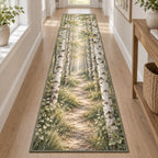 Birch Grove Runner Rug with dimensional printed themed artwork; representative AI-generated mockup.