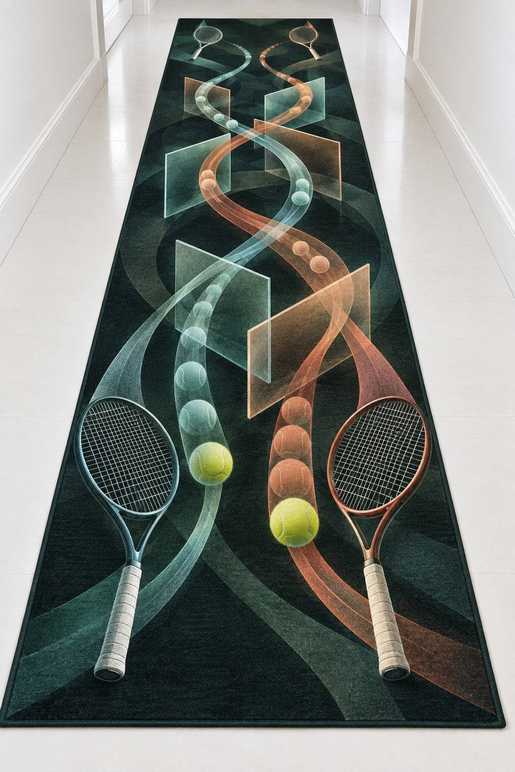 Doubles Rally Labyrinth Runner Rug with dimensional printed themed artwork; representative AI-generated mockup.
