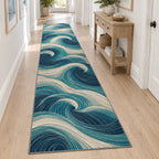 Ocean Wave Linework Runner Rug with dimensional printed themed artwork; representative AI-generated mockup.