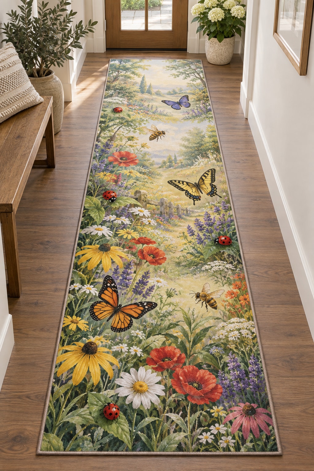Garden Insect Counting Runner Rug with dimensional printed themed artwork; representative AI-generated mockup.