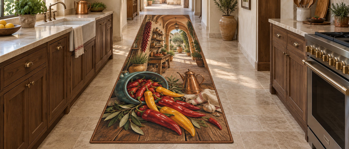 Chili Pepper Kitchen Runner Rug with dimensional printed themed artwork; representative AI-generated mockup.