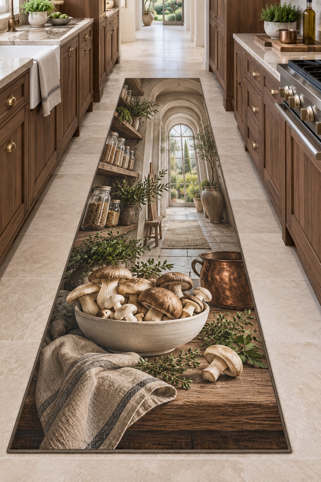 Mushroom Kitchen Study Runner Rug with dimensional printed themed artwork; representative AI-generated mockup.