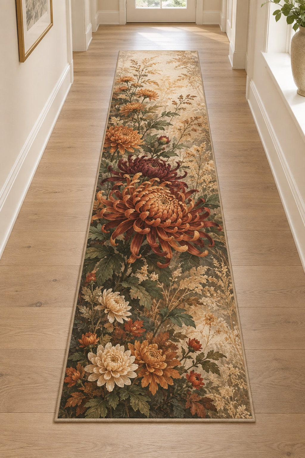 Chrysanthemum Autumn Garden Runner Rug with dimensional printed themed artwork; representative AI-generated mockup.