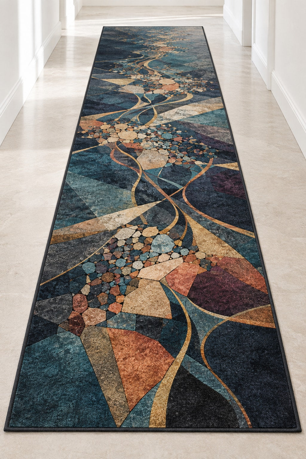 Strategy Mosaic Relay Runner Rug with dimensional printed themed artwork; representative AI-generated mockup.