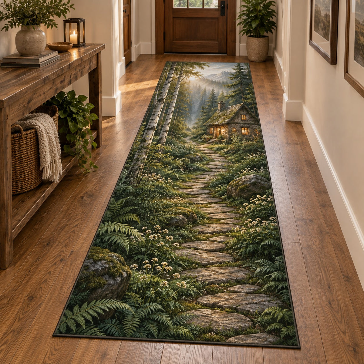 Woodland Cottage Runner Rug with dimensional printed themed artwork; representative AI-generated mockup.