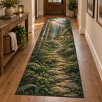Woodland Cottage Runner Rug with dimensional printed themed artwork; representative AI-generated mockup.