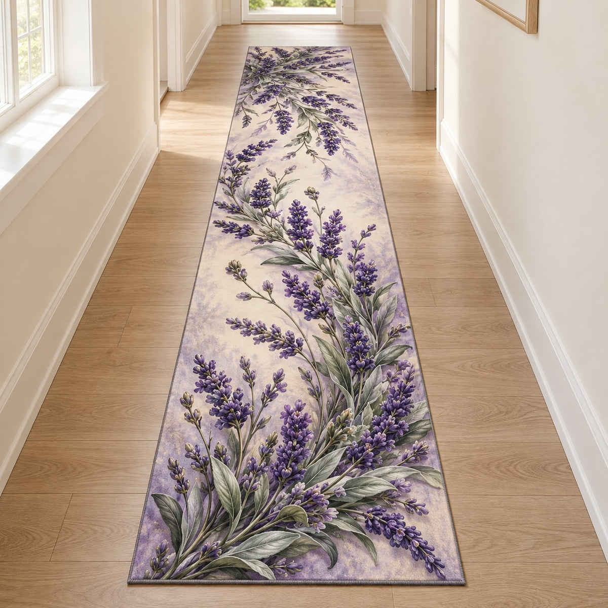 Lavender Sprigs Runner Rug with dimensional printed themed artwork; representative AI-generated mockup.