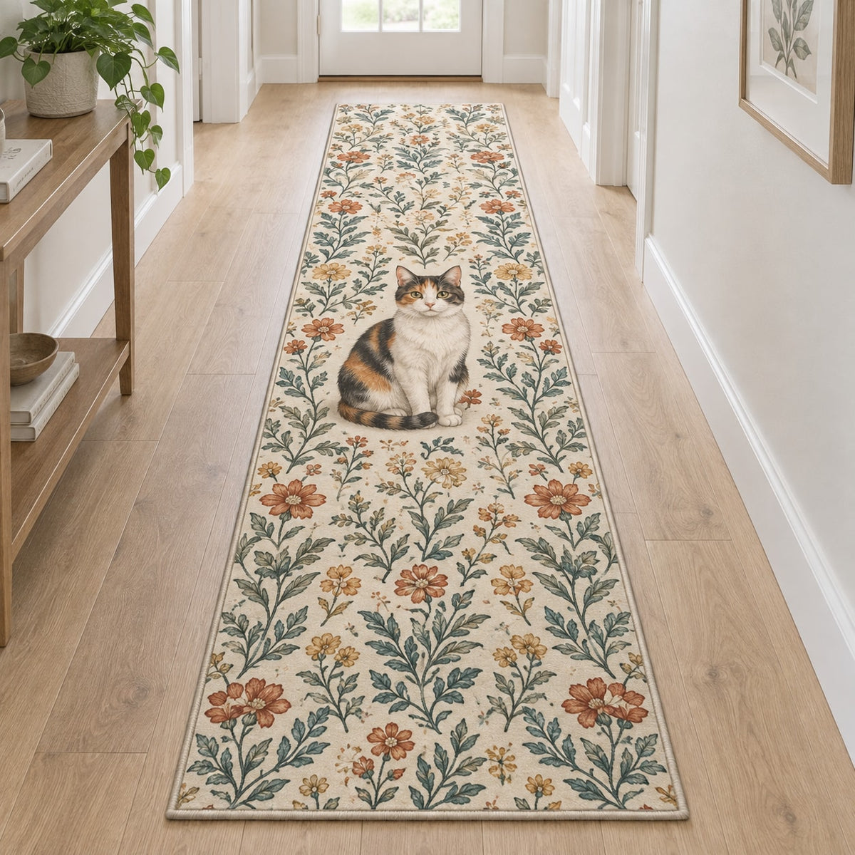 Calico Cat Companion Runner Rug with dimensional printed themed artwork; representative AI-generated mockup.