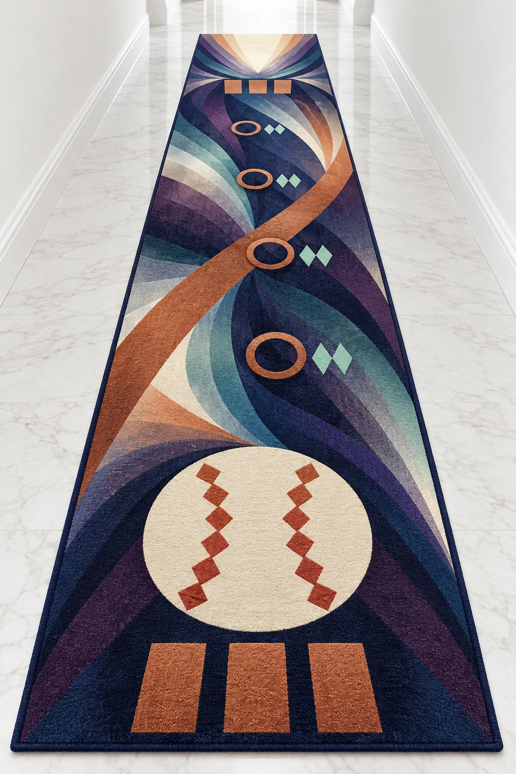 Diamond Dusk Rally Runner Rug with dimensional printed themed artwork; representative AI-generated mockup.