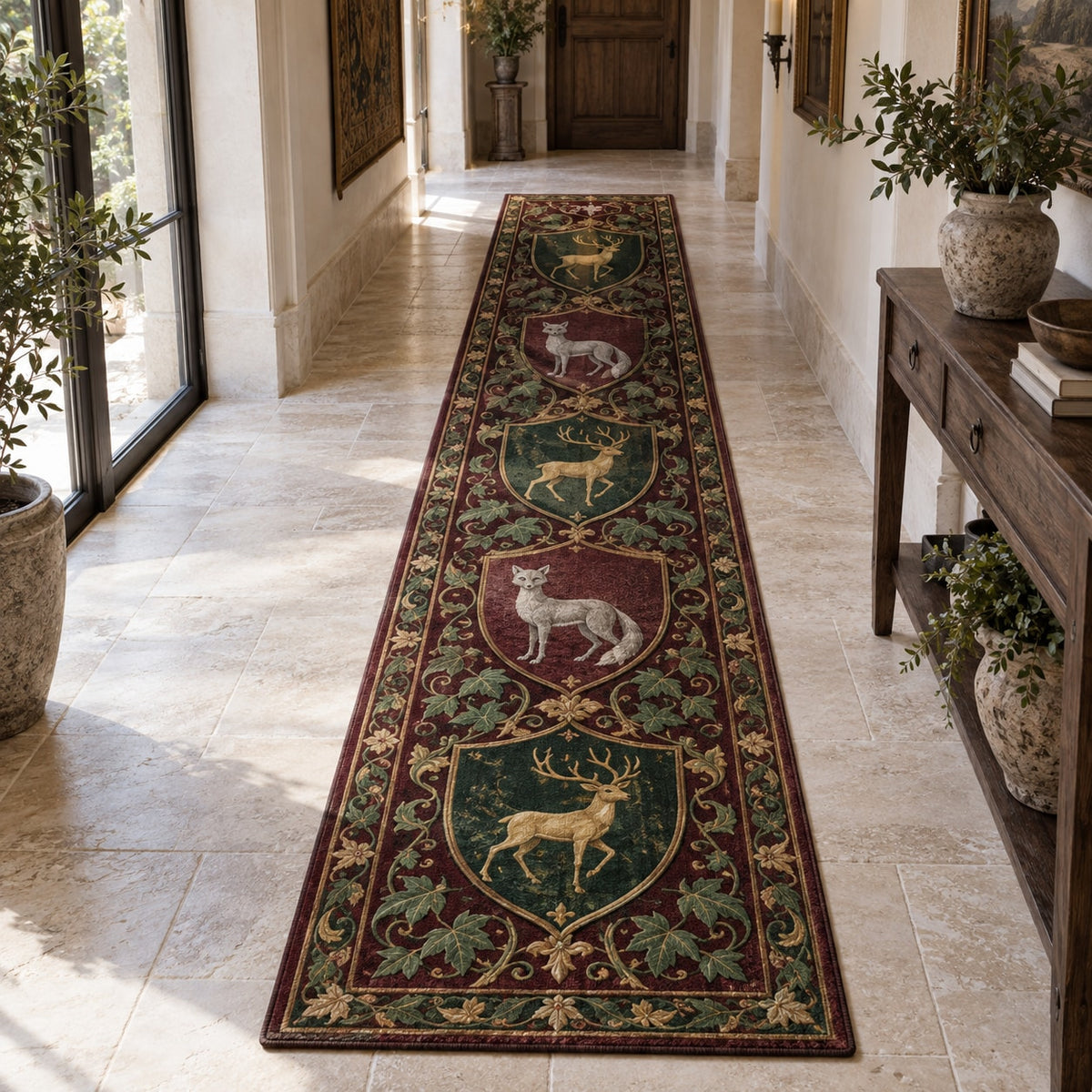 Medieval Heraldic Animals Runner Rug with dimensional printed themed artwork; representative AI-generated mockup.