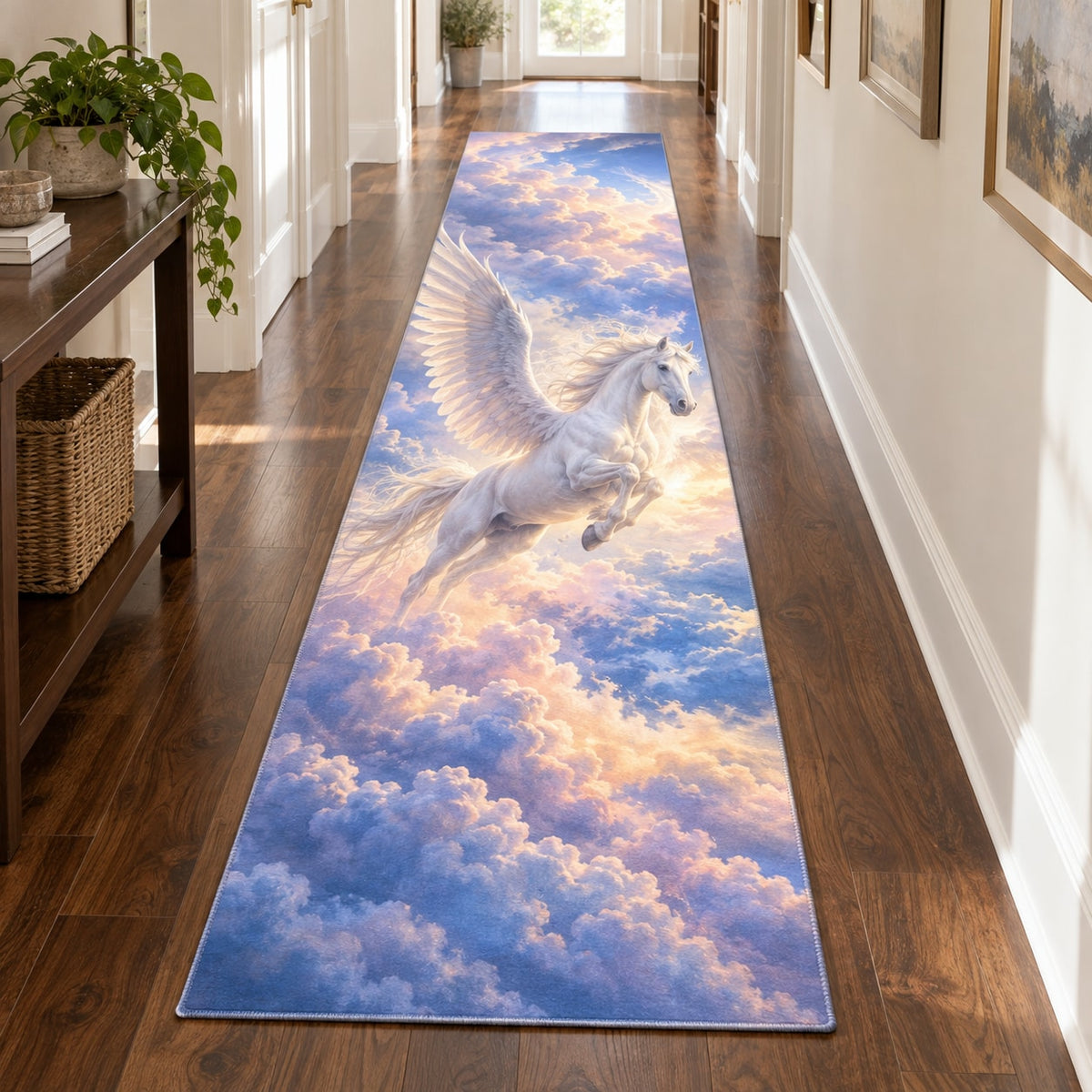 Pegasus Cloudscape Runner Rug with dimensional printed themed artwork; representative AI-generated mockup.