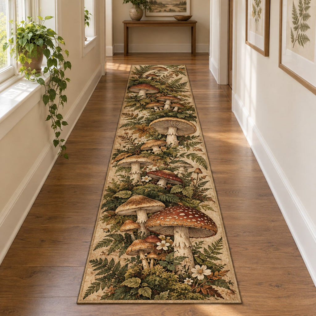 Mushroom Field Journal Runner Rug with dimensional printed themed artwork; representative AI-generated mockup.