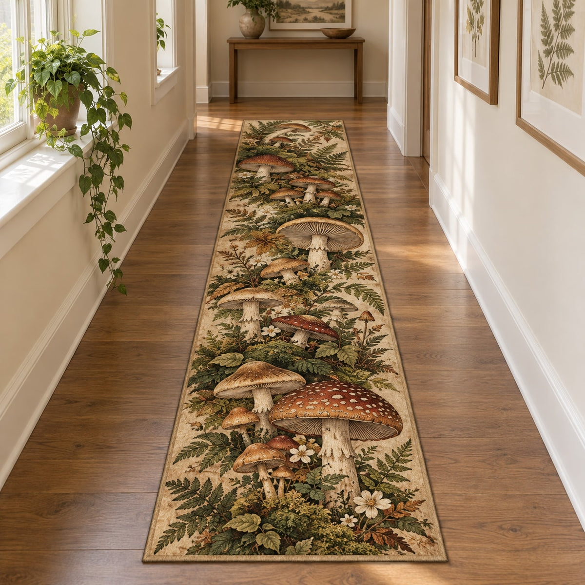 Mushroom Field Journal Runner Rug with dimensional printed themed artwork; representative AI-generated mockup.