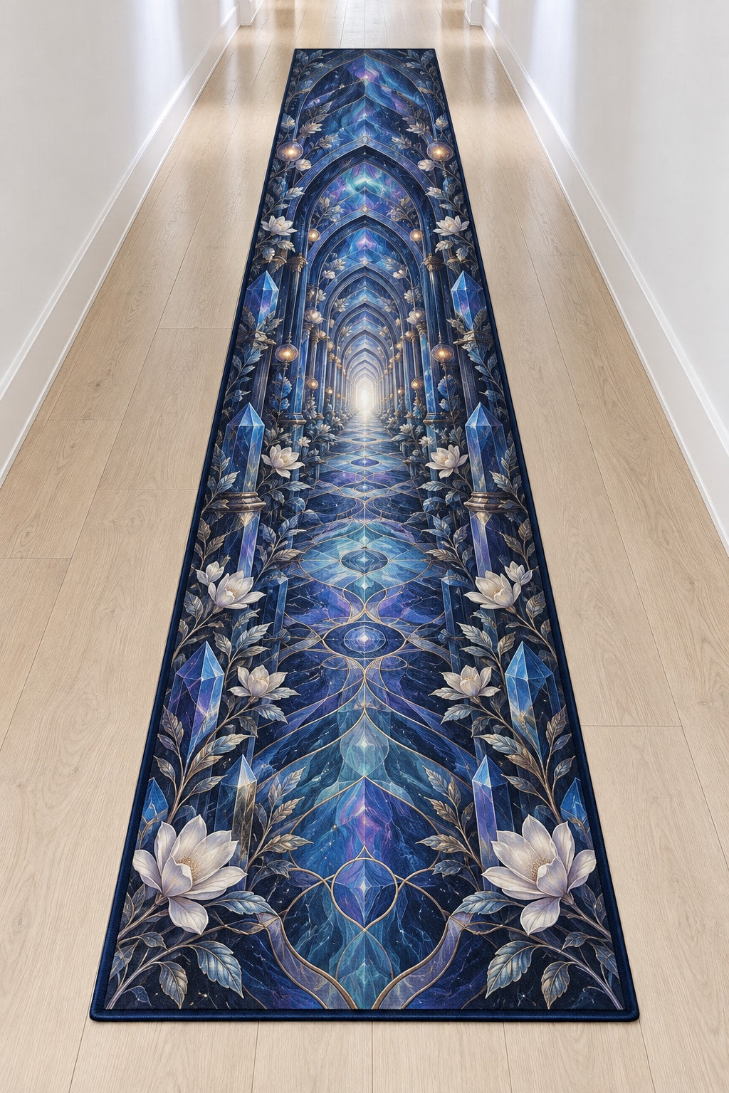 Logic Aurora Nexus Runner Rug with dimensional printed themed artwork; representative AI-generated mockup.