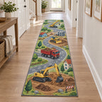 Construction Vehicle Town Runner Rug with dimensional printed themed artwork; representative AI-generated mockup.