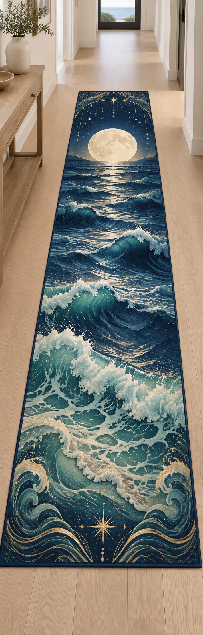 Celestial Ocean Tide Runner Rug with dimensional printed themed artwork; representative AI-generated mockup.