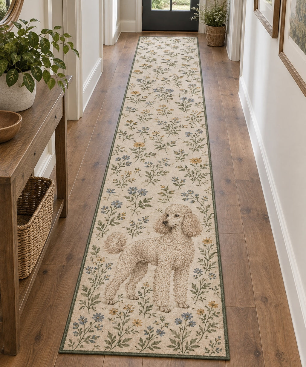 Poodle Runner Rug with dimensional printed themed artwork; representative AI-generated mockup.