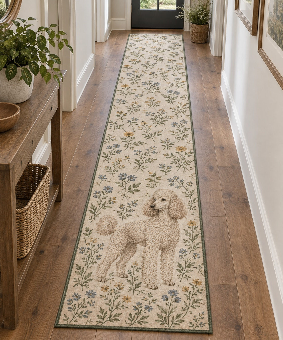 Poodle Runner Rug with dimensional printed themed artwork; representative AI-generated mockup.