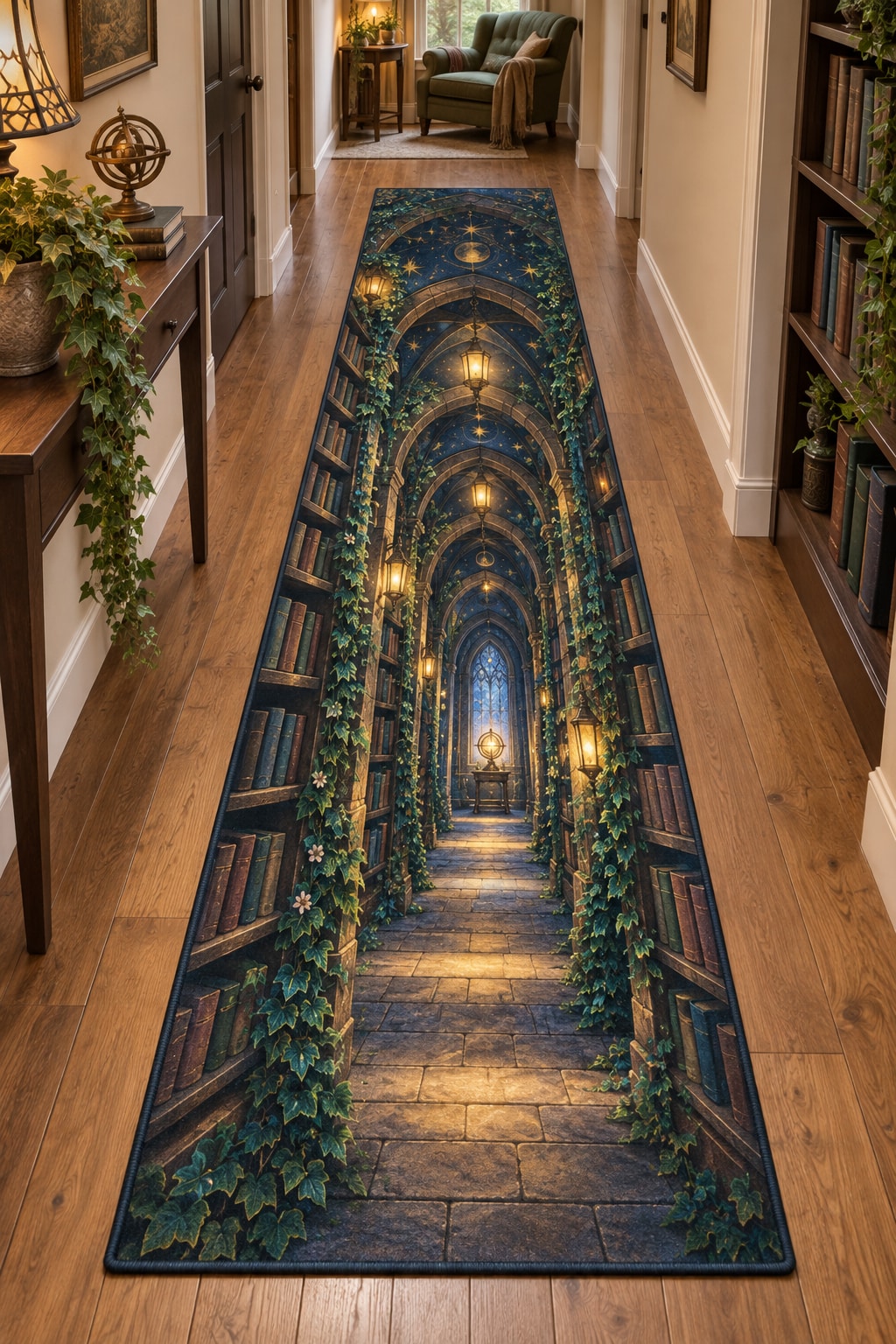 Enchanted Library Arch Runner Rug with dimensional printed themed artwork; representative AI-generated mockup.