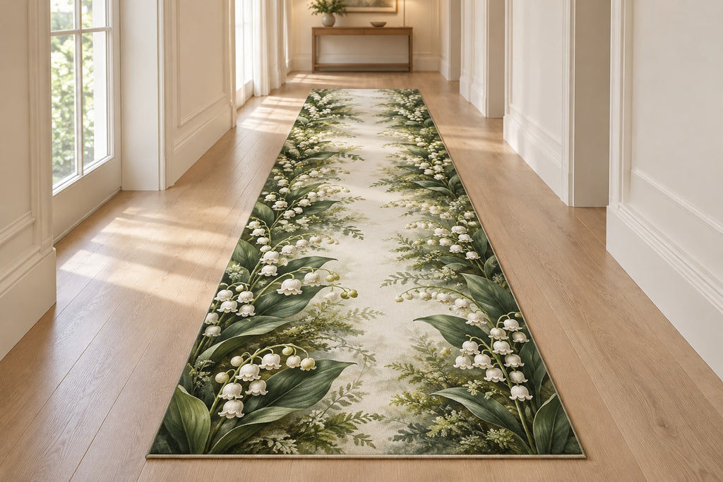 Lily of the Valley Runner Rug with dimensional printed themed artwork; representative AI-generated mockup.