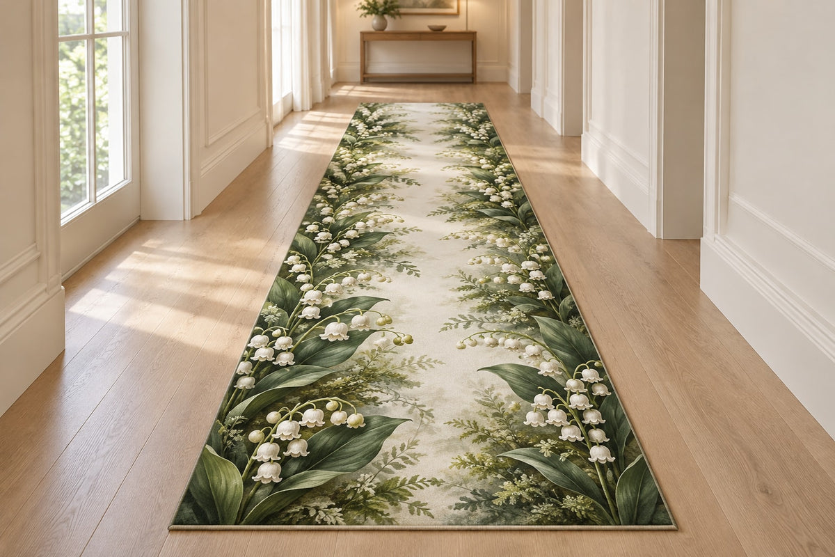 Lily of the Valley Runner Rug with dimensional printed themed artwork; representative AI-generated mockup.