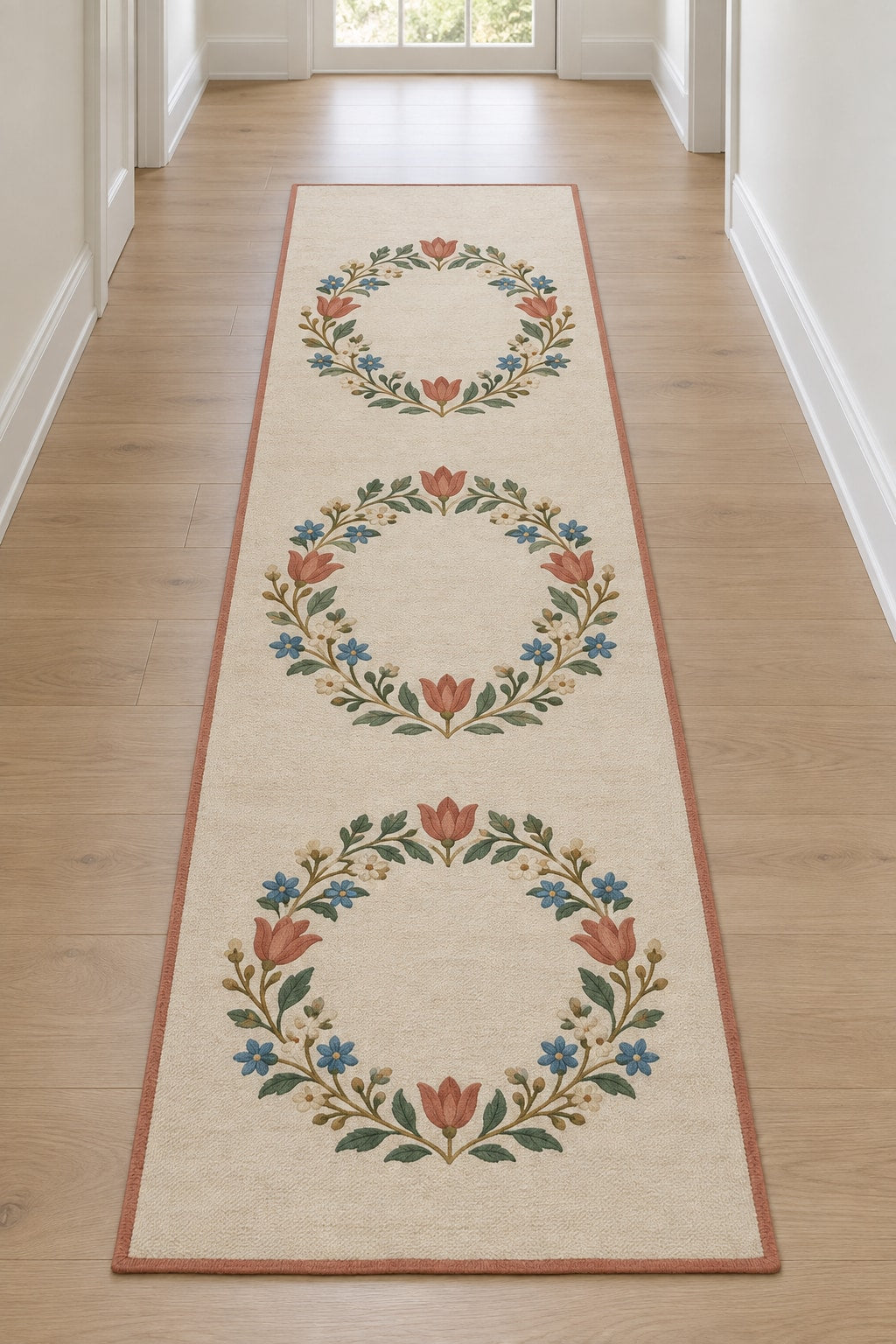 Folk Floral Wedding Wreath Runner Rug with dimensional printed themed artwork; representative AI-generated mockup.