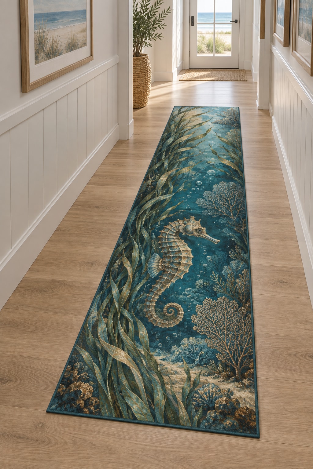 Seahorse Sea Grass Runner Rug with dimensional printed themed artwork; representative AI-generated mockup.