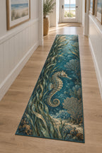 Seahorse Sea Grass Runner Rug with dimensional printed themed artwork; representative AI-generated mockup.