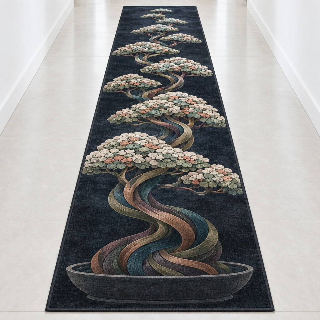 Midnight Bonsai Cloudrise Runner Rug with dimensional printed themed artwork; representative AI-generated mockup.