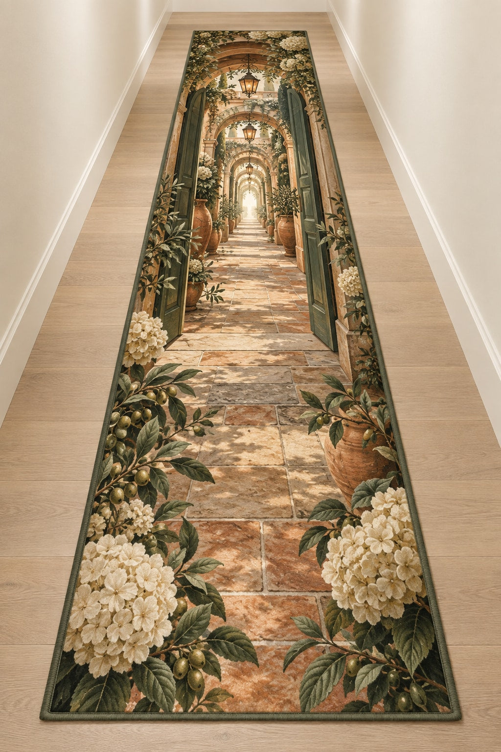 Housewarming Lantern Portal Runner Rug with dimensional printed themed artwork; representative AI-generated mockup.