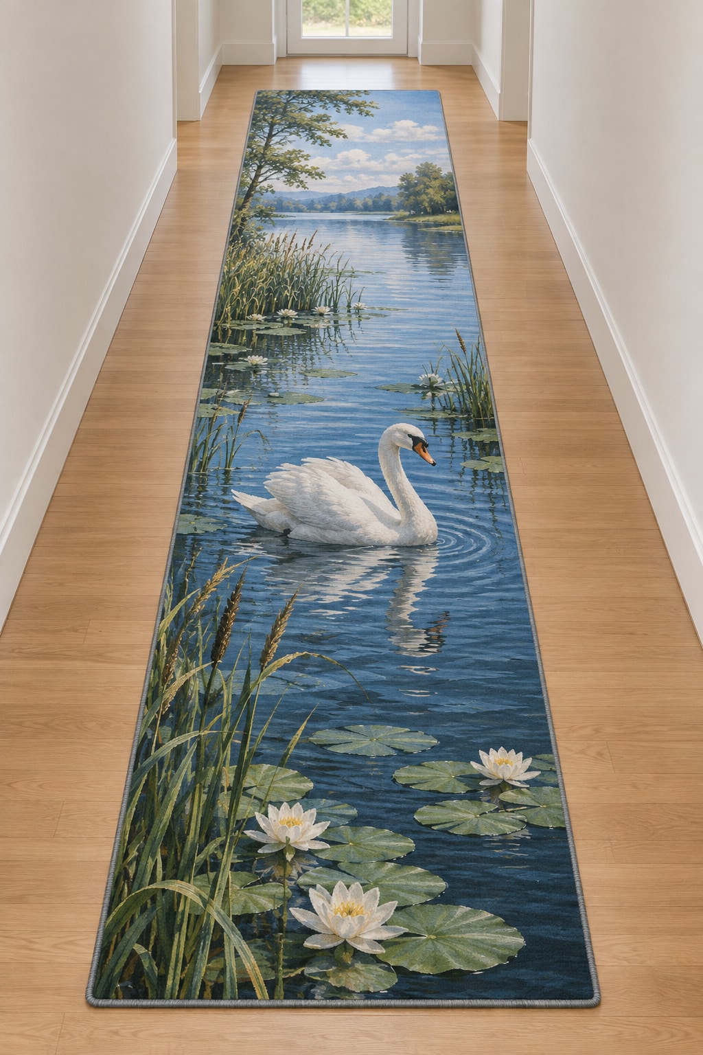 Swan and Reeds Runner Rug with dimensional printed themed artwork; representative AI-generated mockup.