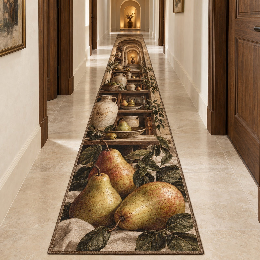 Pear Still Life Runner Rug with dimensional printed themed artwork; representative AI-generated mockup.