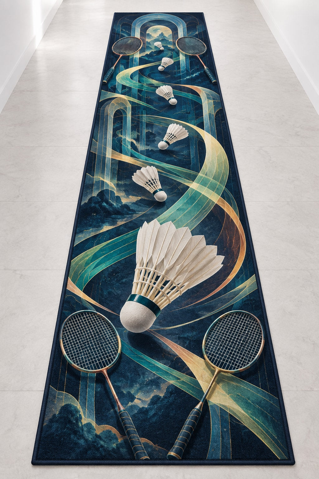 Featherflight Club Atlas Runner Rug with dimensional printed themed artwork; representative AI-generated mockup.
