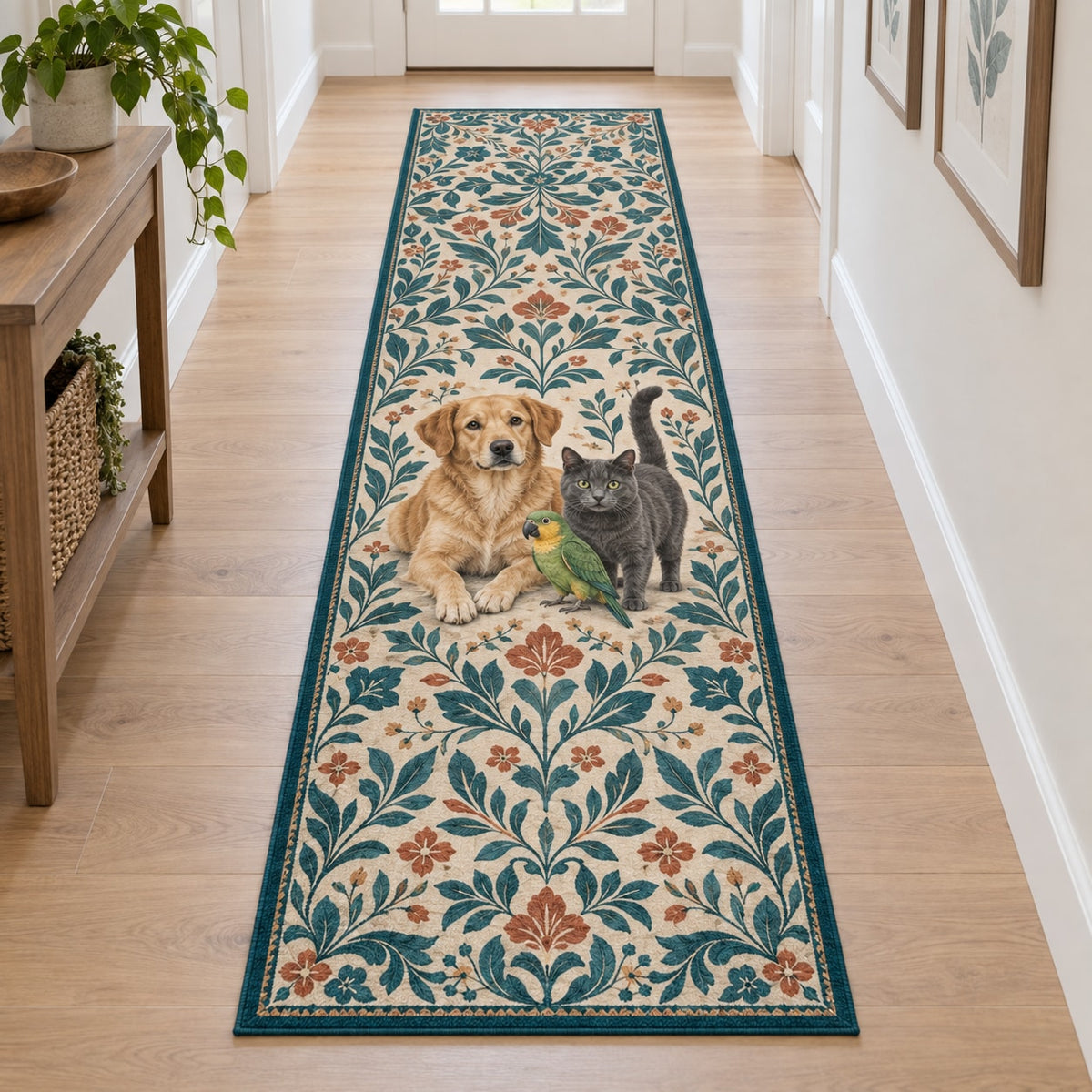 Multi Pet Household Runner Rug with dimensional printed themed artwork; representative AI-generated mockup.