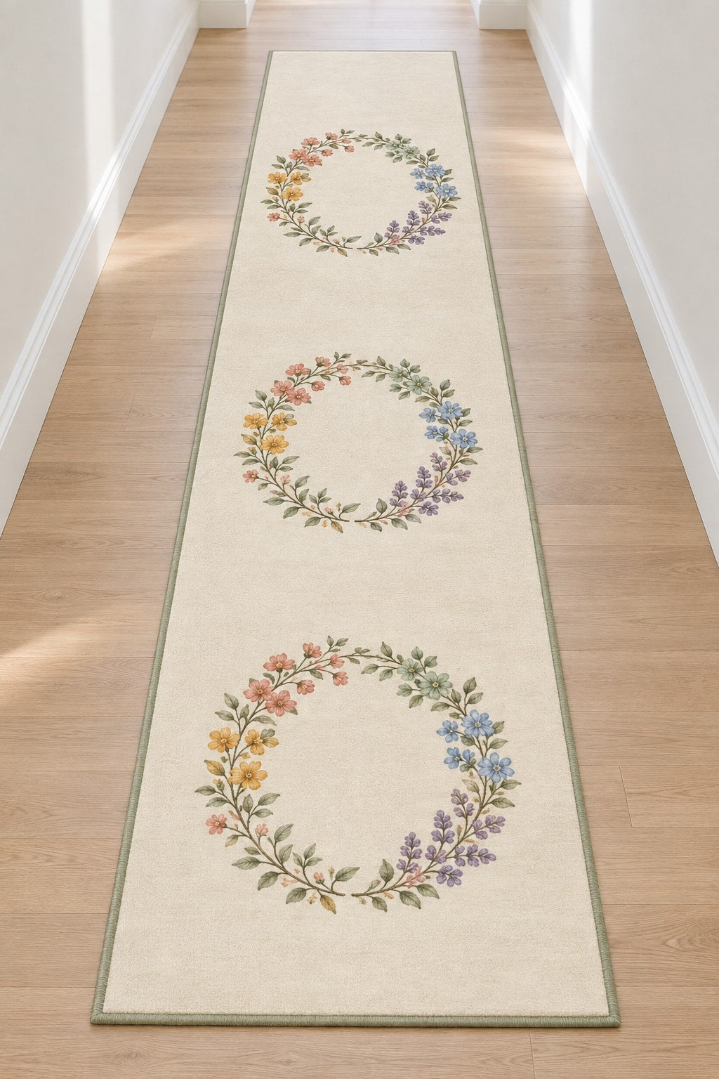 Rainbow Garden Celebration Wreath Runner Rug with dimensional printed themed artwork; representative AI-generated mockup.