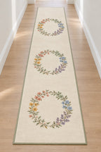 Rainbow Garden Celebration Wreath Runner Rug with dimensional printed themed artwork; representative AI-generated mockup.