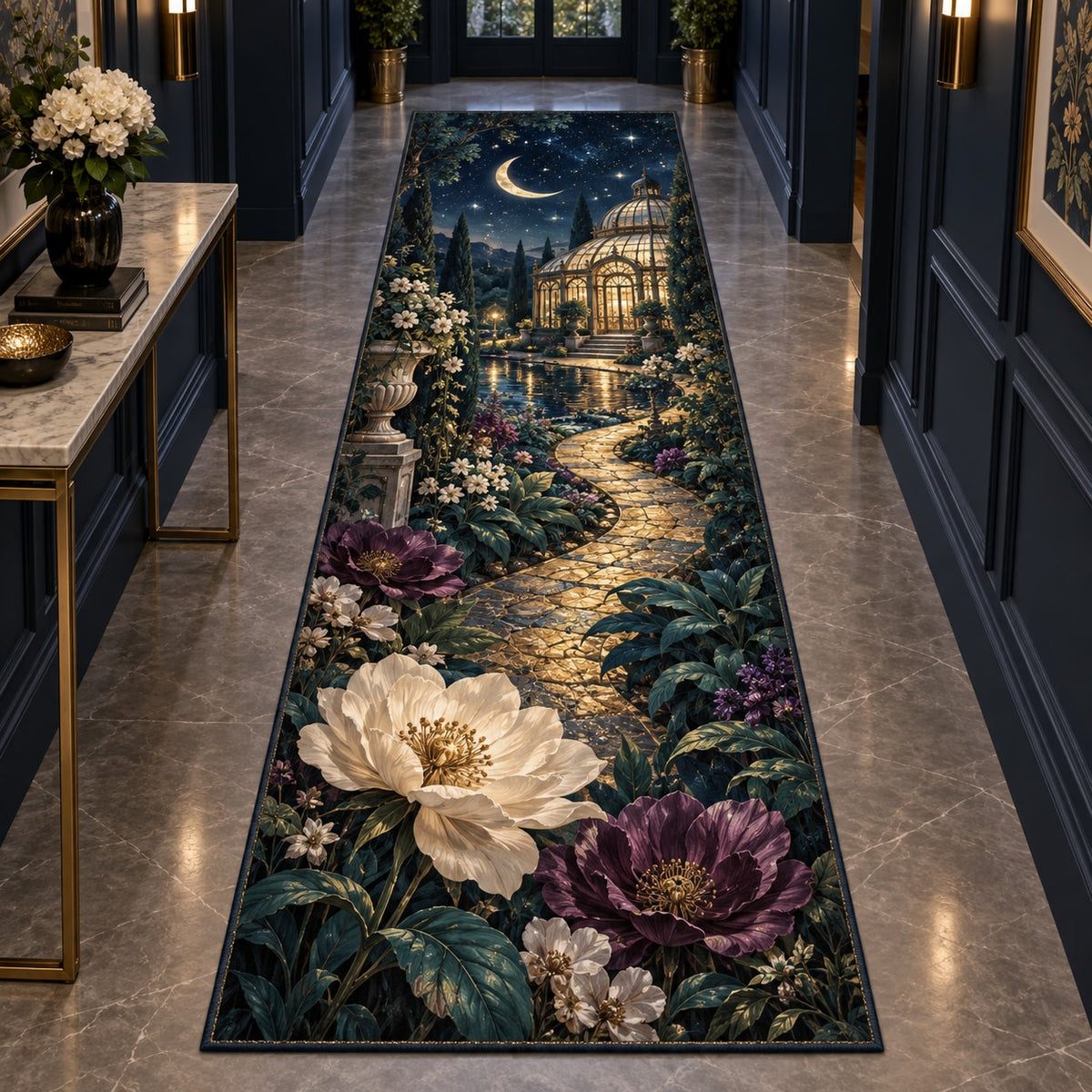 Celestial Botanical Garden Runner Rug with dimensional printed themed artwork; representative AI-generated mockup.