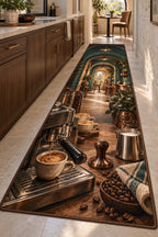 Espresso Corner Runner Rug with dimensional printed themed artwork; representative AI-generated mockup.