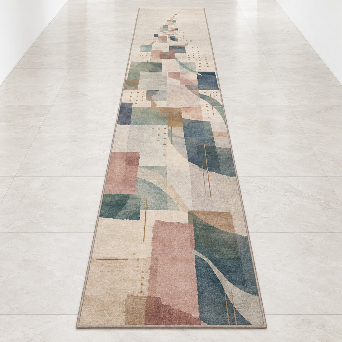 Keepsake Vellum Parallax Runner Rug with dimensional printed themed artwork; representative AI-generated mockup.