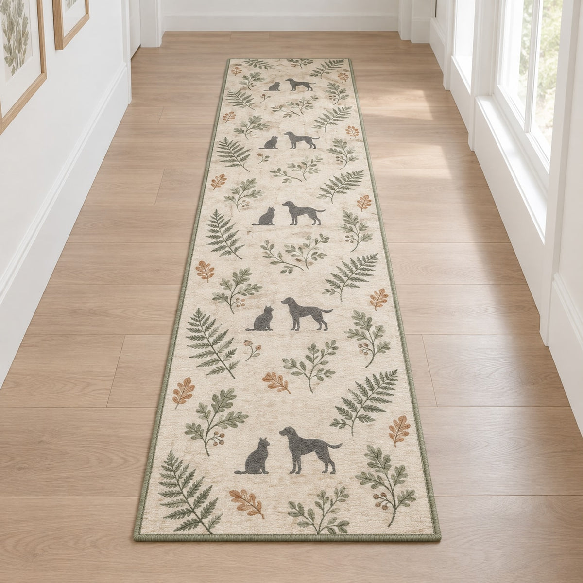 Woodland Pet Silhouette Runner Rug with dimensional printed themed artwork; representative AI-generated mockup.