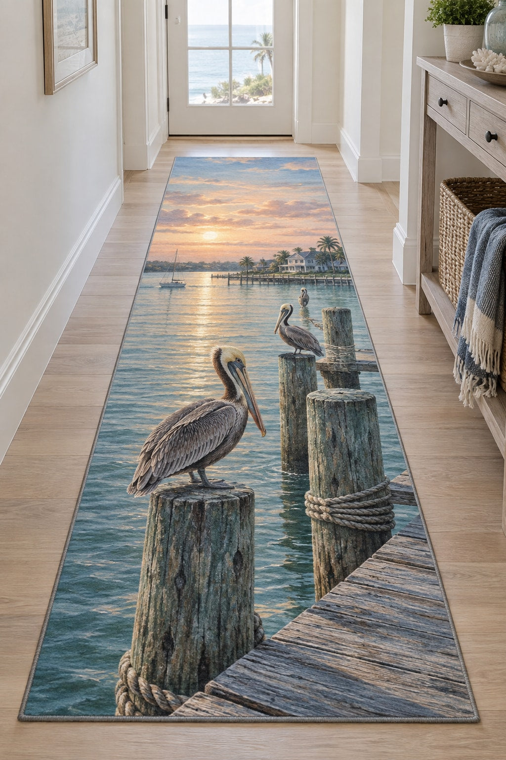 Pelican Dock Runner Rug with dimensional printed themed artwork; representative AI-generated mockup.