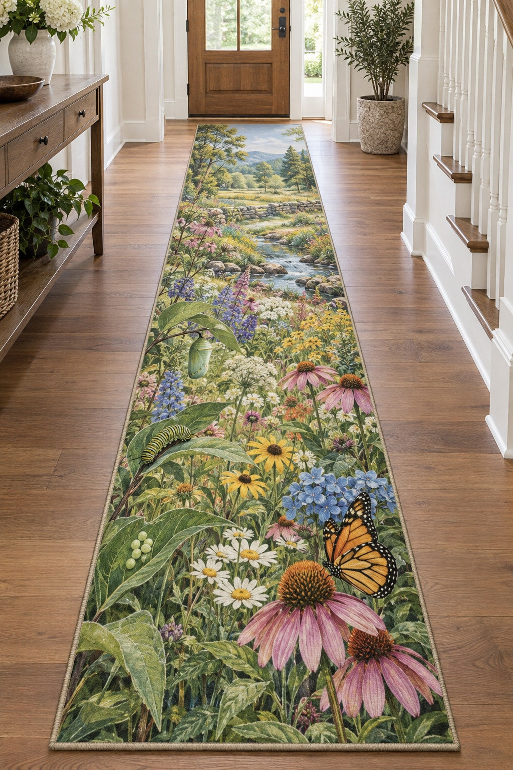Butterfly Life Stages Runner Rug with dimensional printed themed artwork; representative AI-generated mockup.