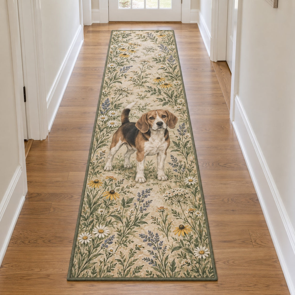 Beagle Runner Rug with dimensional printed themed artwork; representative AI-generated mockup.