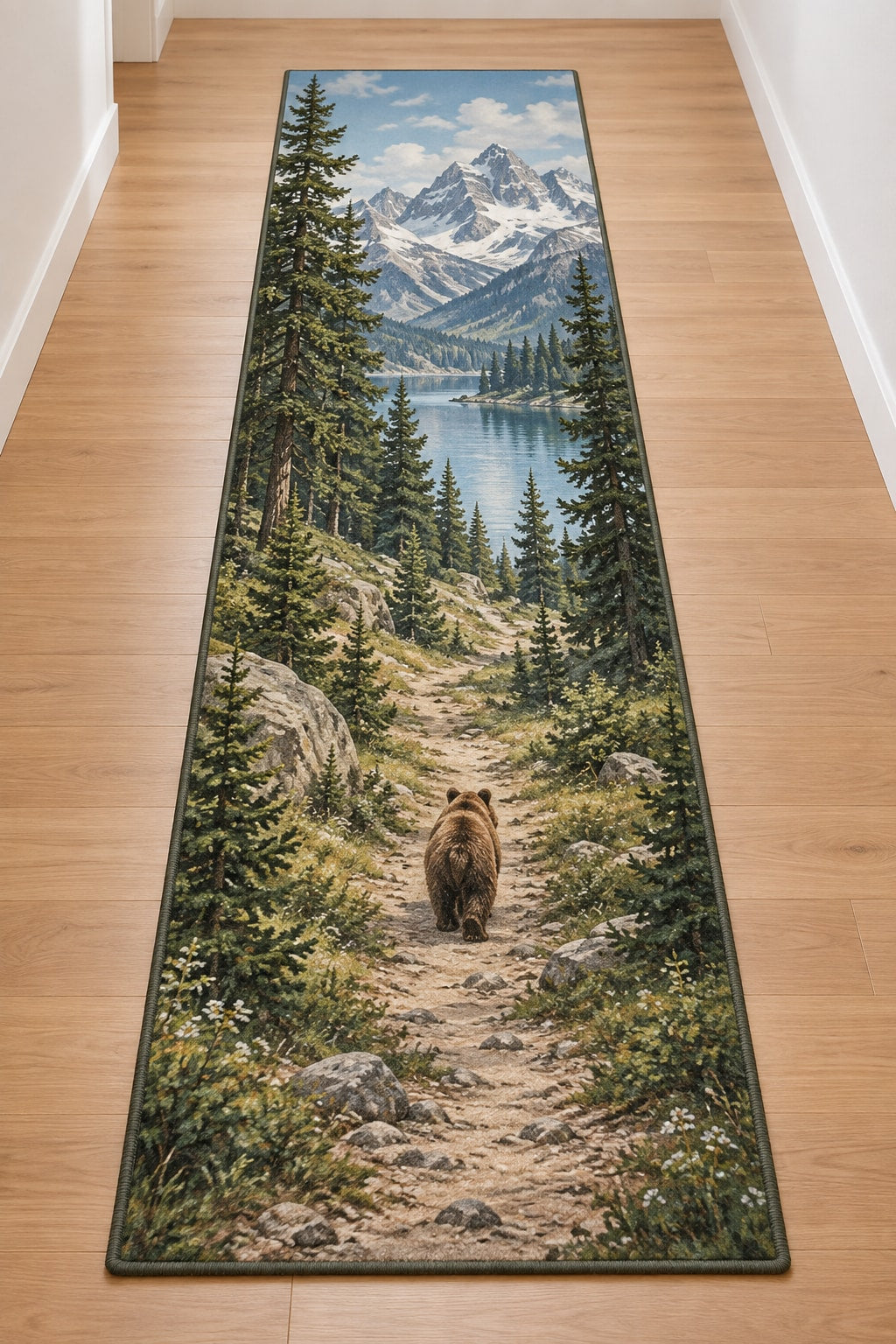 Mountain Bear Adventure Runner Rug with dimensional printed themed artwork; representative AI-generated mockup.