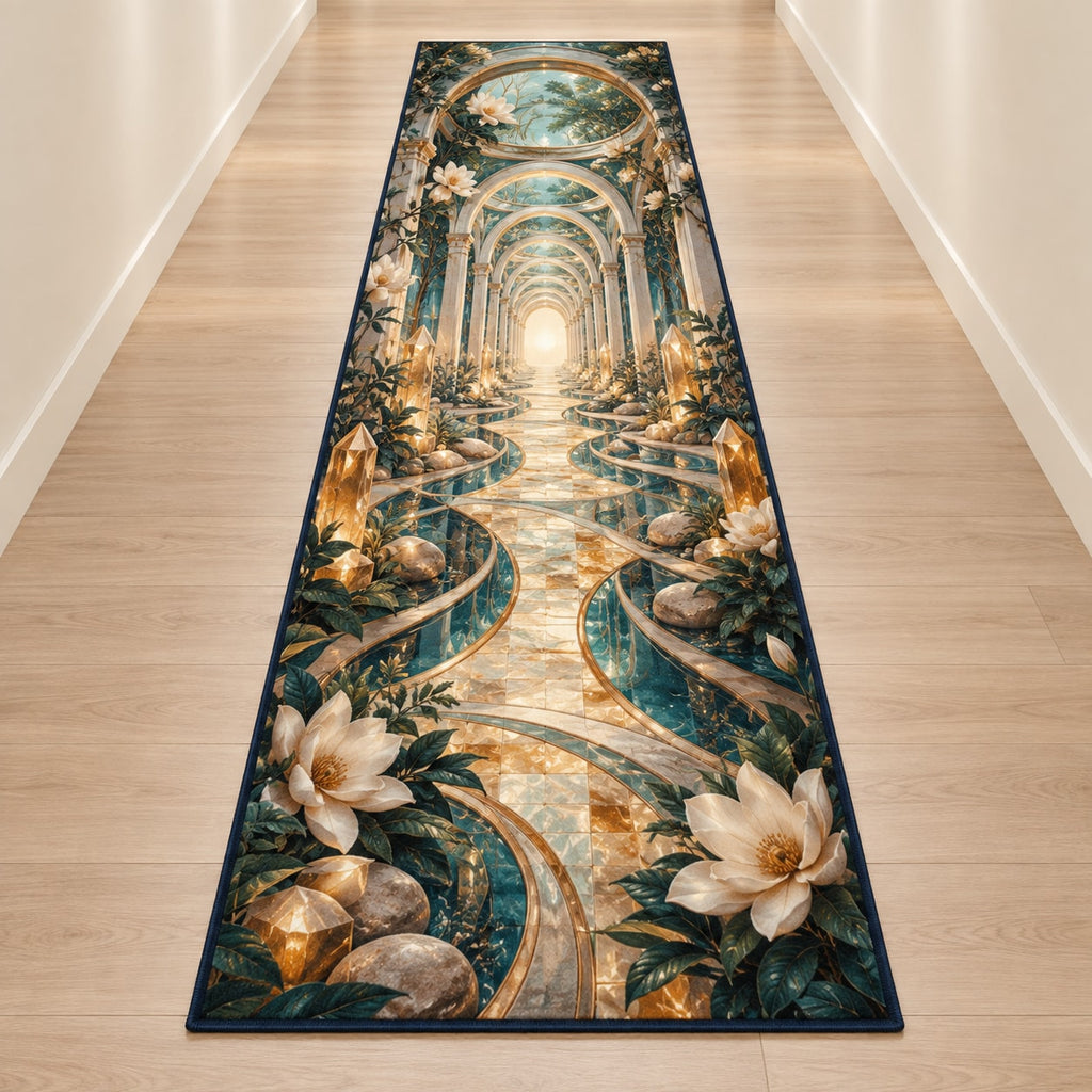 Voice Bloom Resonance Atrium Runner Rug with dimensional printed themed artwork; representative AI-generated mockup.