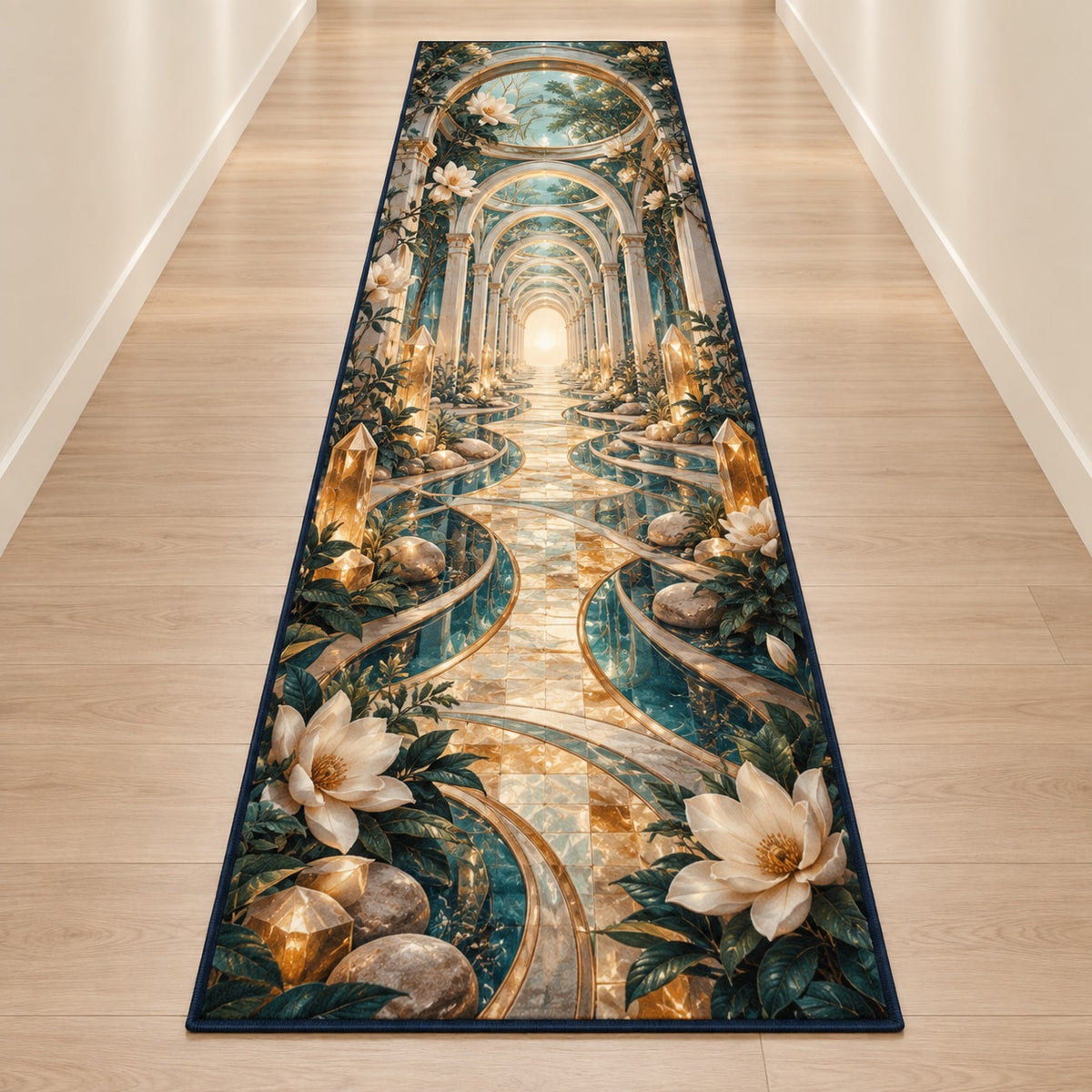 Voice Bloom Resonance Atrium Runner Rug with dimensional printed themed artwork; representative AI-generated mockup.